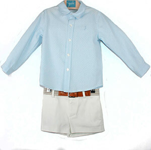 Conjunto de nio con camisa celeste de topos, en Dedos Moda Infantil, boutique infantil online. Tienda bebés online, marcas de moda infantil made in Spain