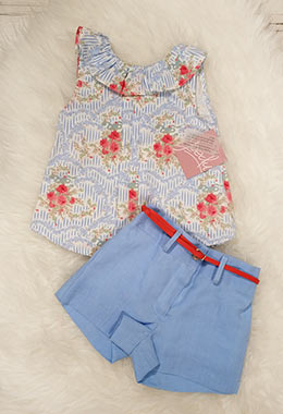 Conjunto blusa y short azul y flores Yoedu, en Dedos Moda Infantil, boutique infantil online. Tienda bebés online, marcas de moda infantil made in Spain